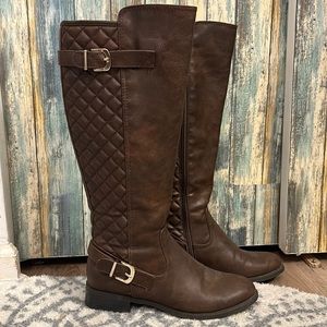 Brown Knee High Quilted Riding Boots with Gold Buckle Accents Women’s size 8
